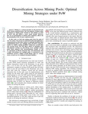 PDF Document Cover - Optimal Mining Strategies: Diversification Across Mining Pools in Proof-of-Work Cryptocurrencies